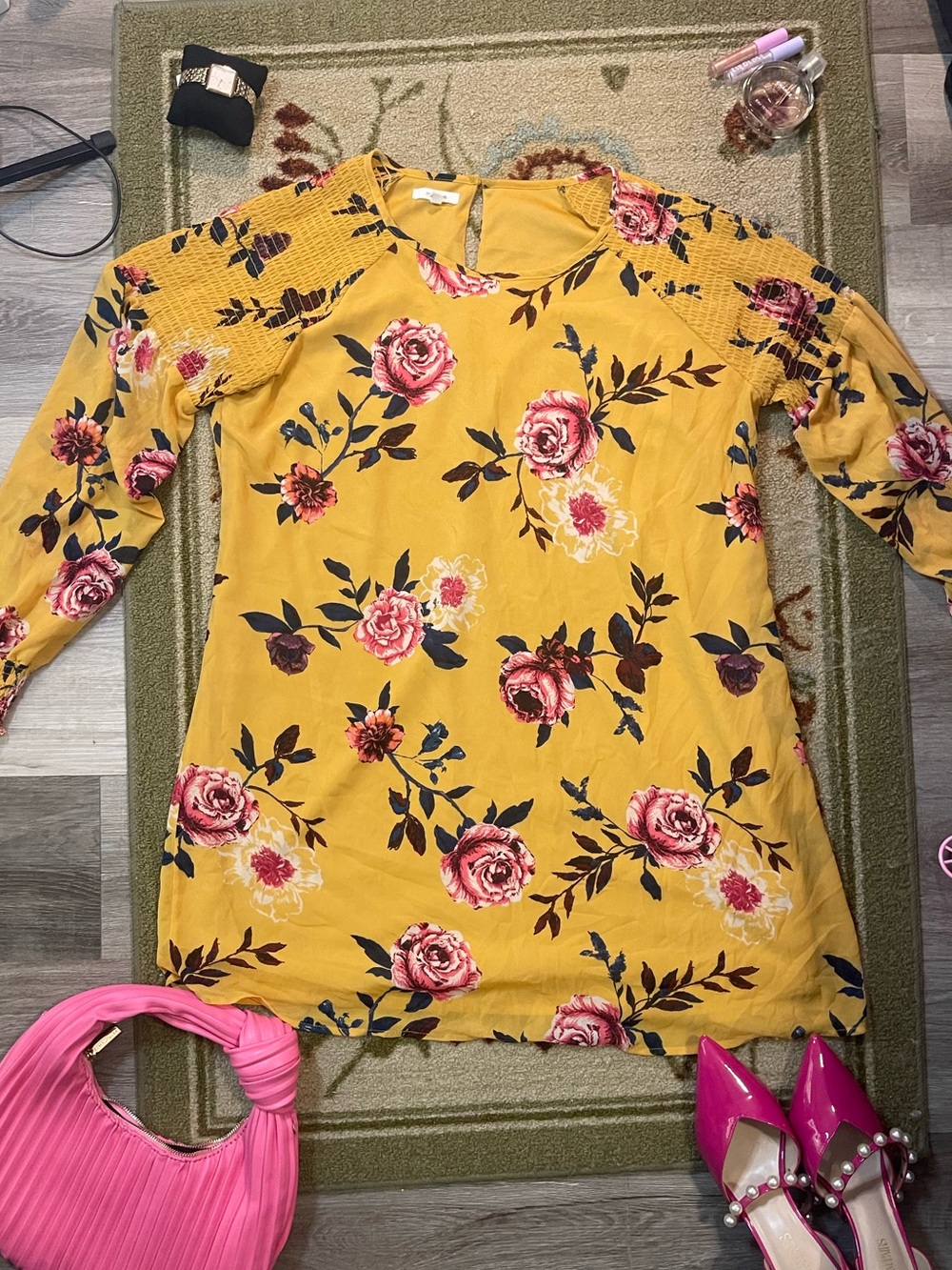 Girls' Mustard Yellow Floral Long-Sleeve Dress